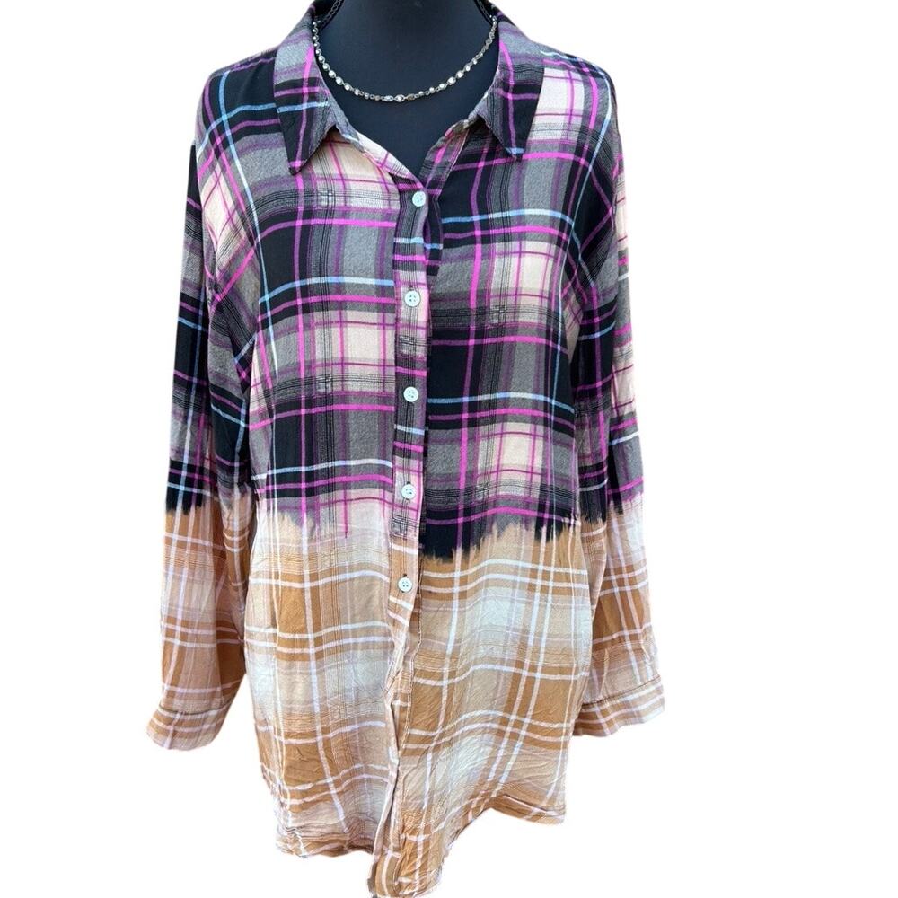 Reworked Boho Jane Saved by Grace Bleached Plaid Flannel Shirt Medium